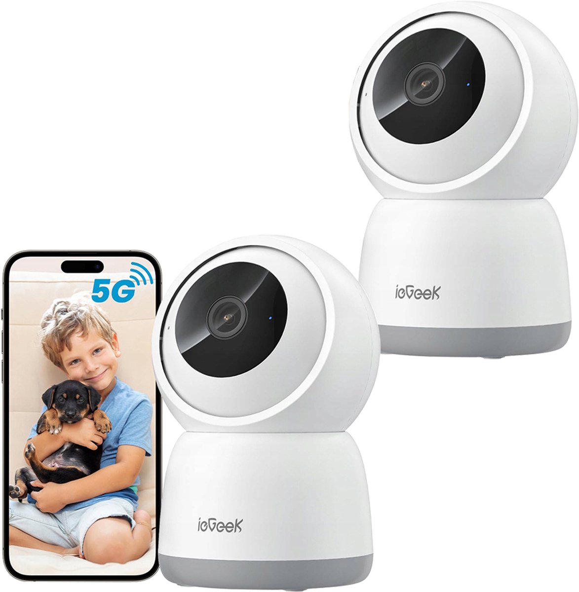 SC1 Pro Camerabewaking binnen - 5MP Ultra HD 2.4/5 GHz - Huisdiercamera met app - Beveiligingscamera's - Wifi Camera APP - Volgt beweging en geluidsdetectie - Bewakingscamera - Wit - 2 Stuks