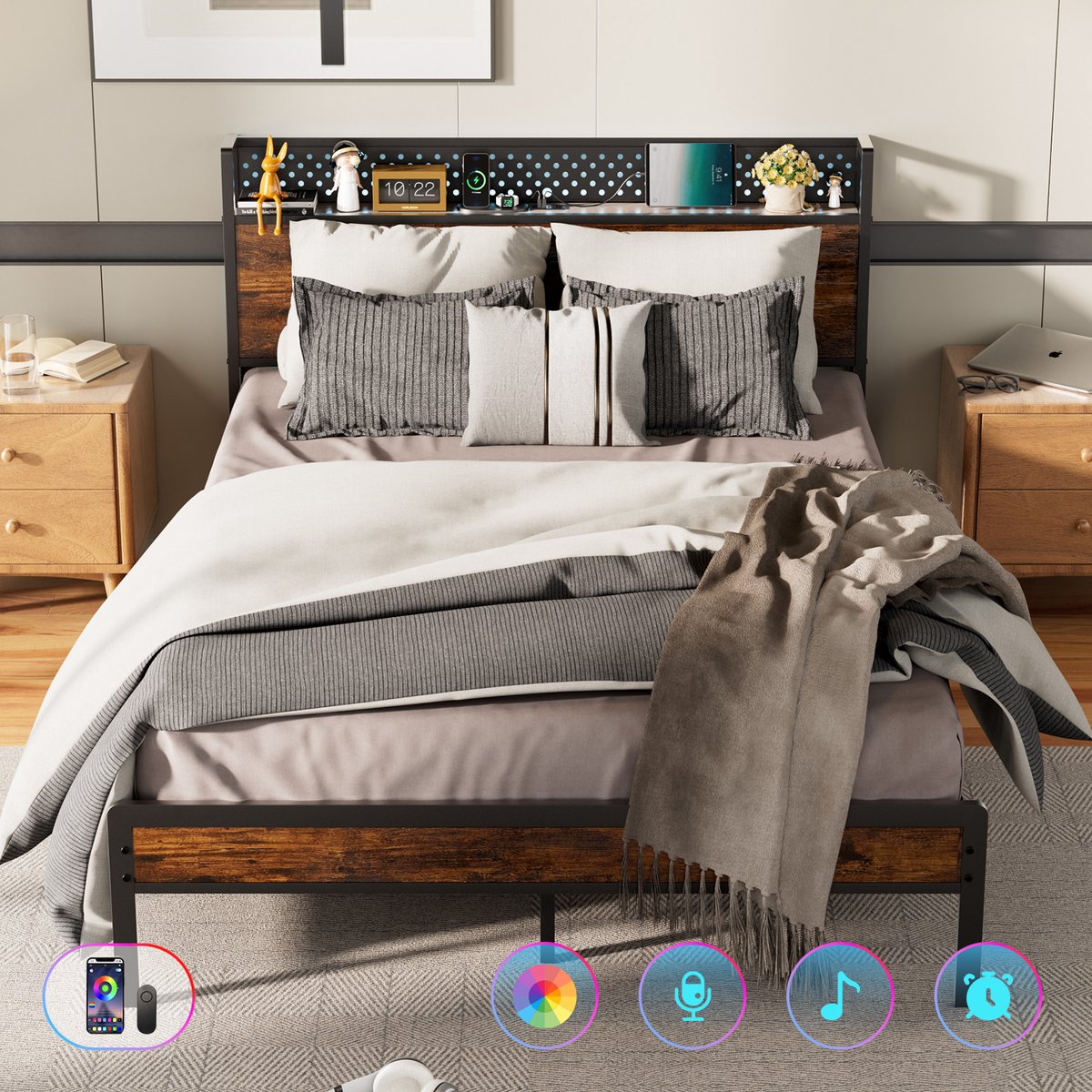 KUTAS Heavy Duty Metalen Bedframe 140x200 cm - Tweepersoonsbed - Met LED Verlichting - Stopcontacten - USB Poorten - Eenvoudige Montage