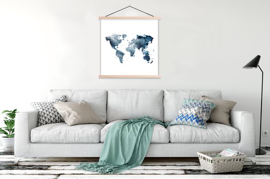 Affiche scolaire - Carte du Wereldkaart - Aquarelle - Blauw - 120x120 cm - Lattes vierges