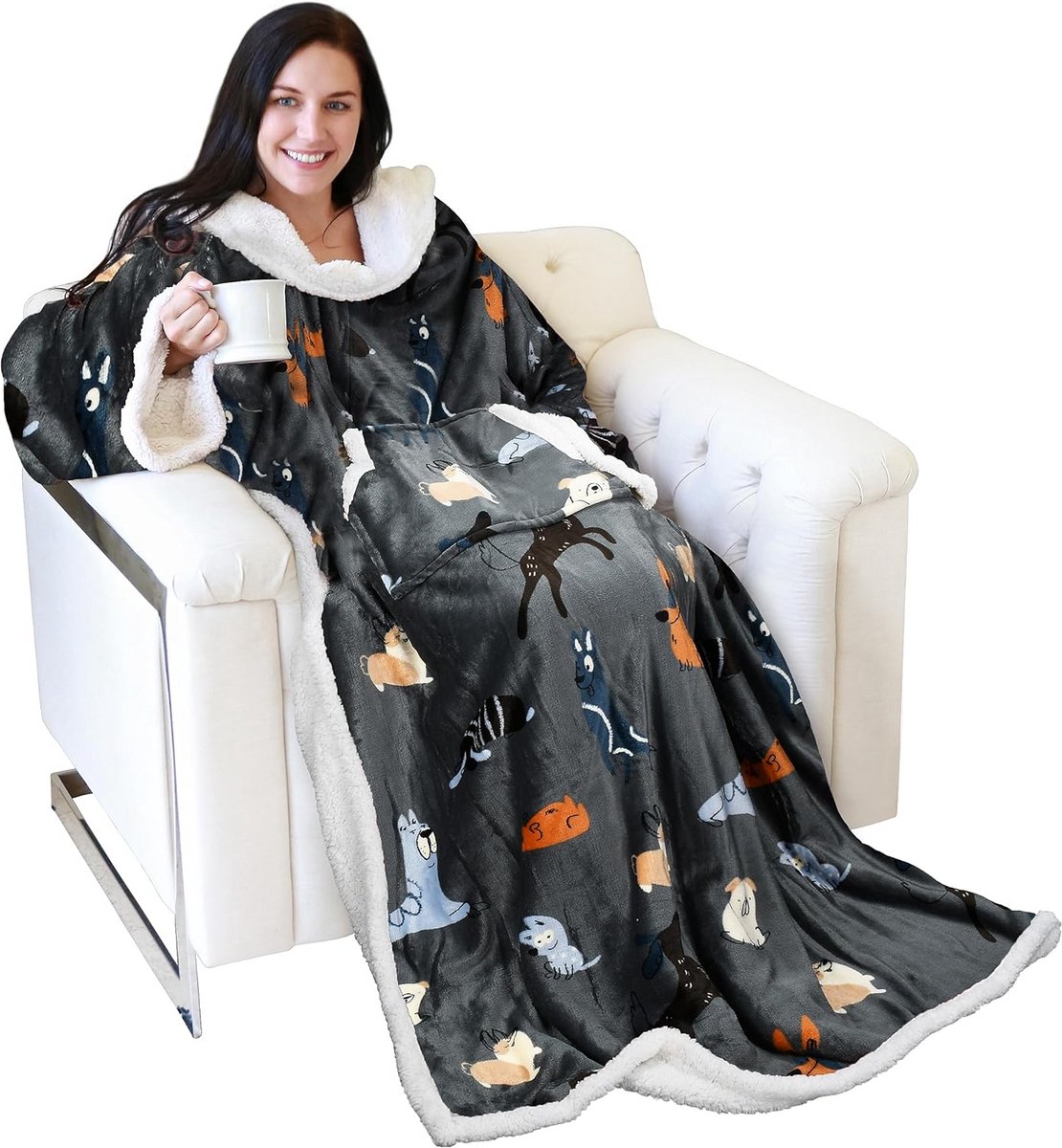 Dubbelzijdige TV-deken met Mouwen en Zakken – Warme micropluche Fleece Sherpa-deken voor Volwassenen – Uniseks – 185 x 140 cm
