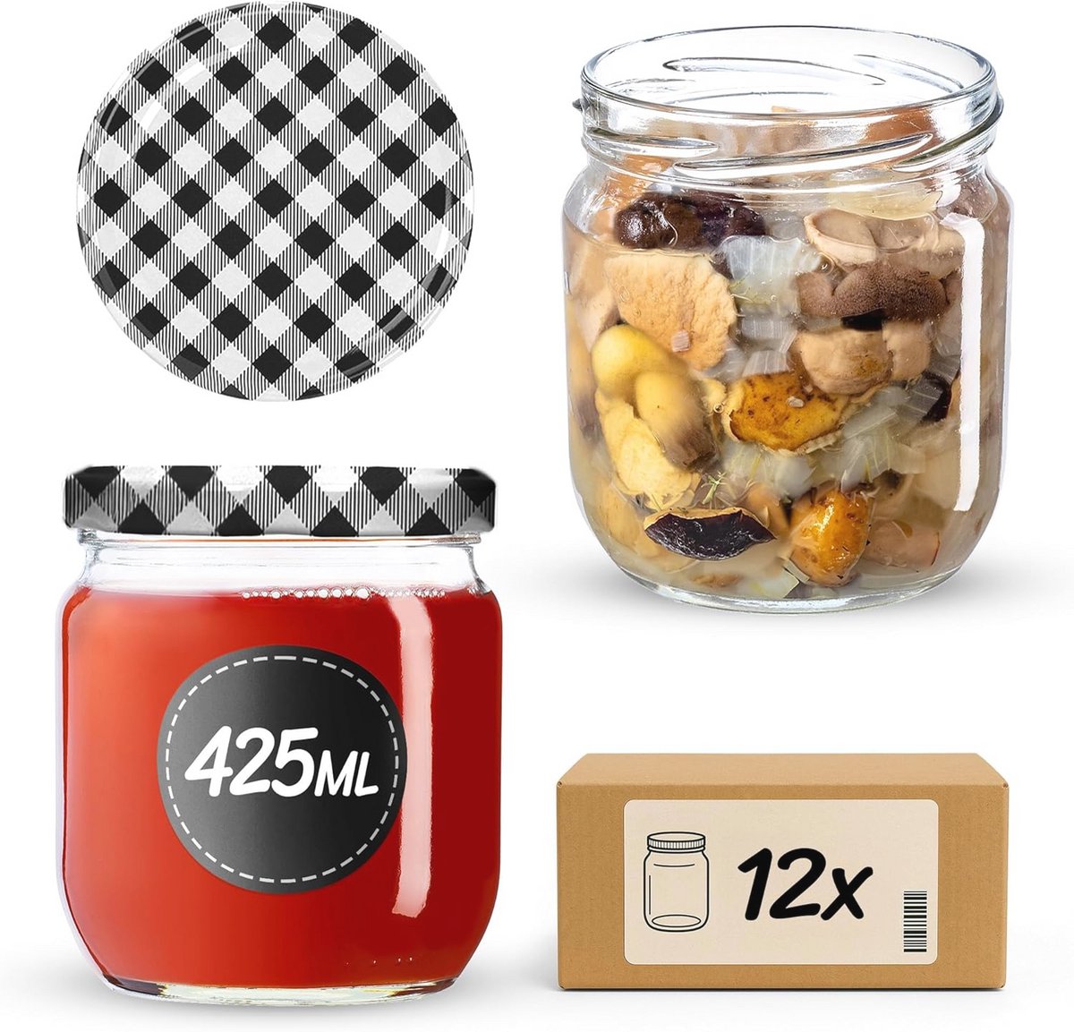 Inmaakpotten 425 ml met Schroefdeksel - Set van 12 Voorraadpotten voor Jam en Honing