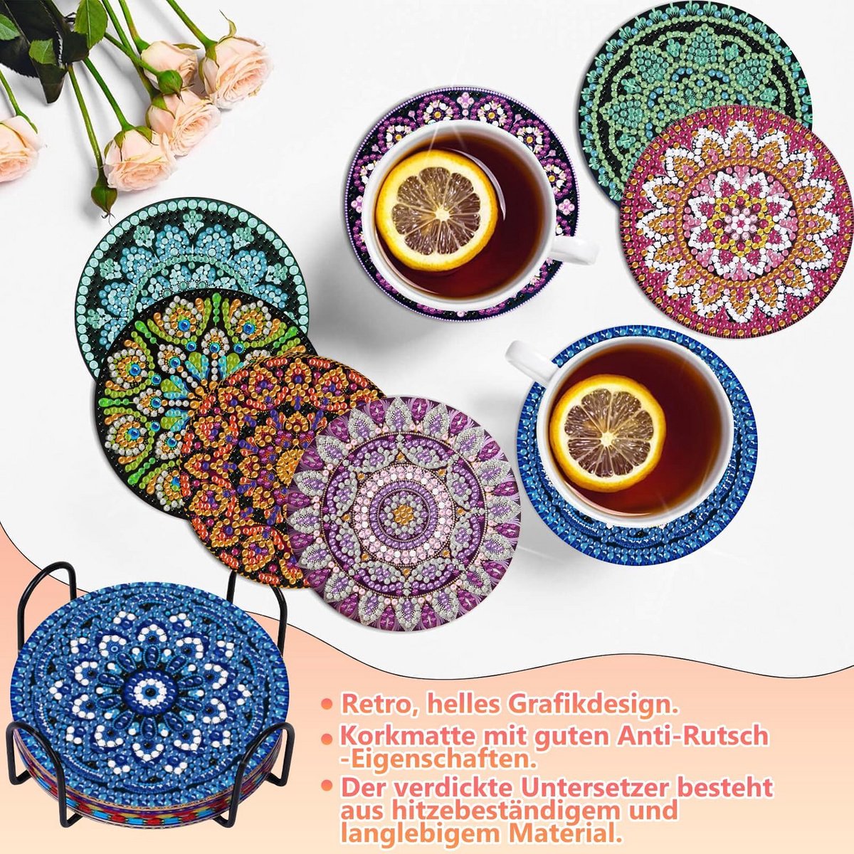 8 Stuks Mandala Onderzetters voor Diamantschilderen - DIY Antislip Coasters met Houder