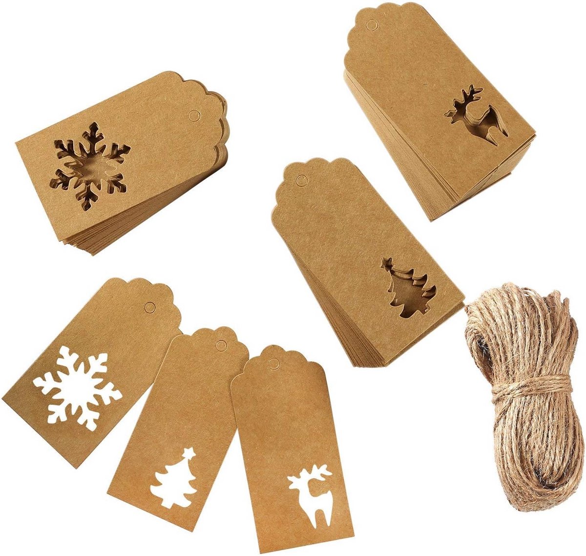 Kerstcadeaulabels - 150 stuks Kraftpapier met Touw voor Bruiloft, DIY Decoratie, Cadeaus en Kerstmis - 9,5 x 5 cm