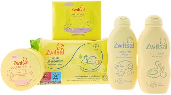 Zwitsal babyverzorgingsset: Zachte crème, billendoekjes, zeep, wasgel en shampoo, allemaal in zachte gele verpakkingen met schattige tekeningen van eendjes en flamingo's.