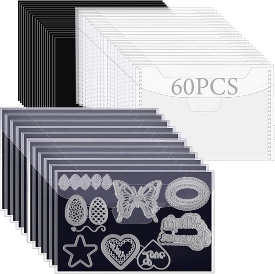 CYFUN DESIGN 60 stuks grote stempel en matrijs opbergtas met rubberen magnetische vellen, 0,5 mm dikte, 7,5 x 5,5 inch doorzichtige ambachtelijke stans opslag enveloppen