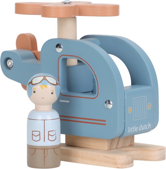 Blauwe houten helikopter met houten piloot, met tekst 'little dutch'.