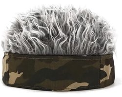 Grijze Kunsthaar Hoed met Camouflage Haarband – Verstelbare Maat, Grappige Korte Haarperuk voor Feesten, Vakanties, Hardlopen, Vissen en Hiken