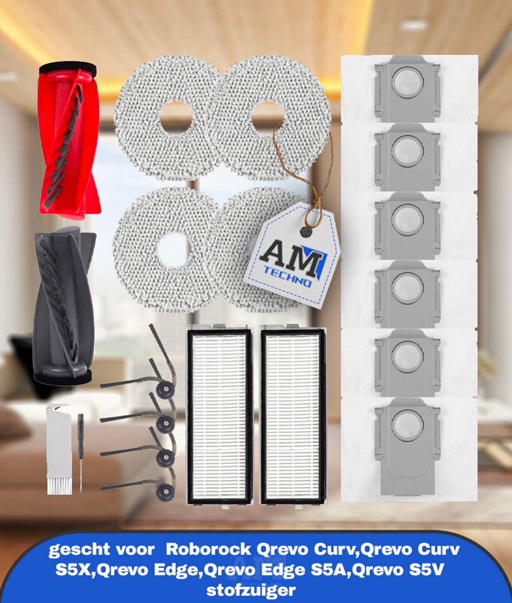 Accessoires gescht voor Roborock Qrevo Curv,Qrevo Curv S5X,Qrevo Edge,Qrevo Edge S5A,Qrevo S5V stofzuiger,2 hoofdborstels,2 HEPA-filters,6 stofzakken,4 reinigingsdoeken,4 zijborstels,1 borstel