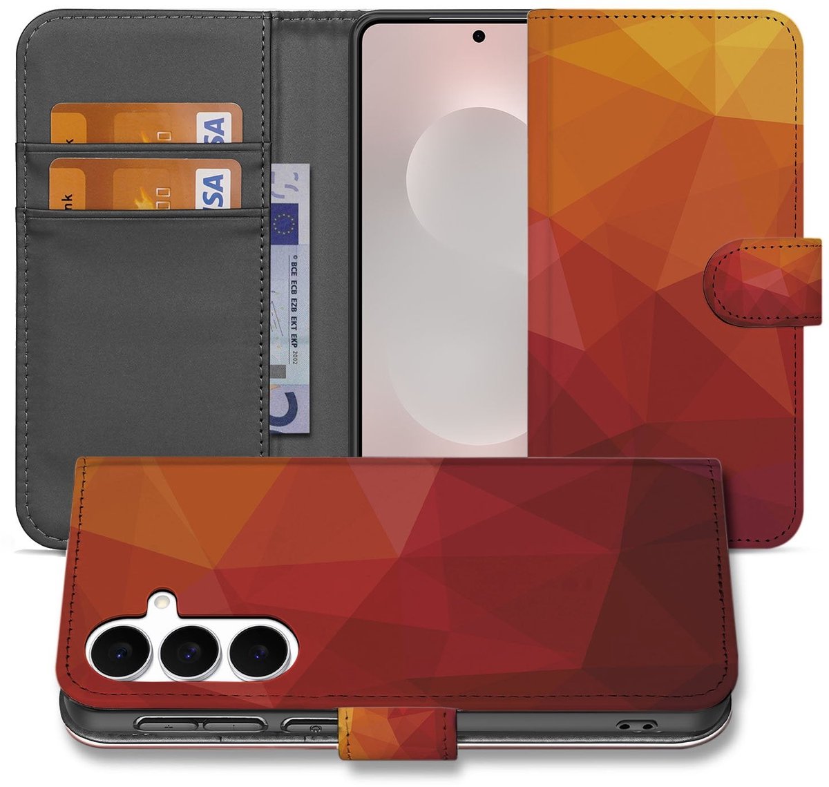 Bookcase Samsung Galaxy S25 FE Polygon Rood, PU Leer, 3 Pasjes