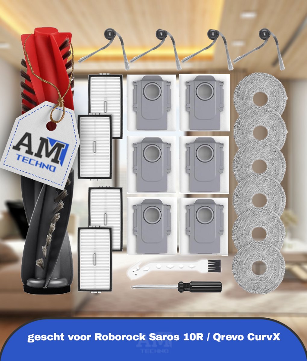 24 stuks accessoires gescht voor Roborock Saros 10R / Qrevo CurvX robotstofzuiger, 2 hoofdborstels, 6 stofzakken, 6 dweilpads, 4 HEPA-filters, 4 zijborstels, 1 reinigingsborstel, 1 schroevendraaier
