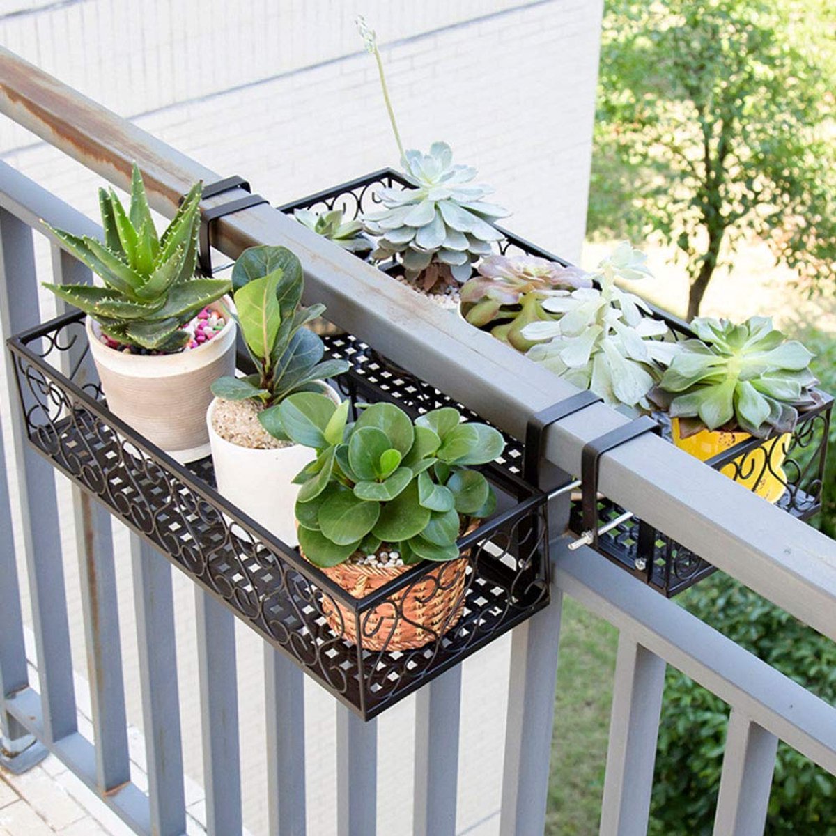 Hangende bloemenrek van ijzer, balkon, muurbevestiging, bloemenrek, potstandaard, plantenrek, reling, plank voor thuis en tuin