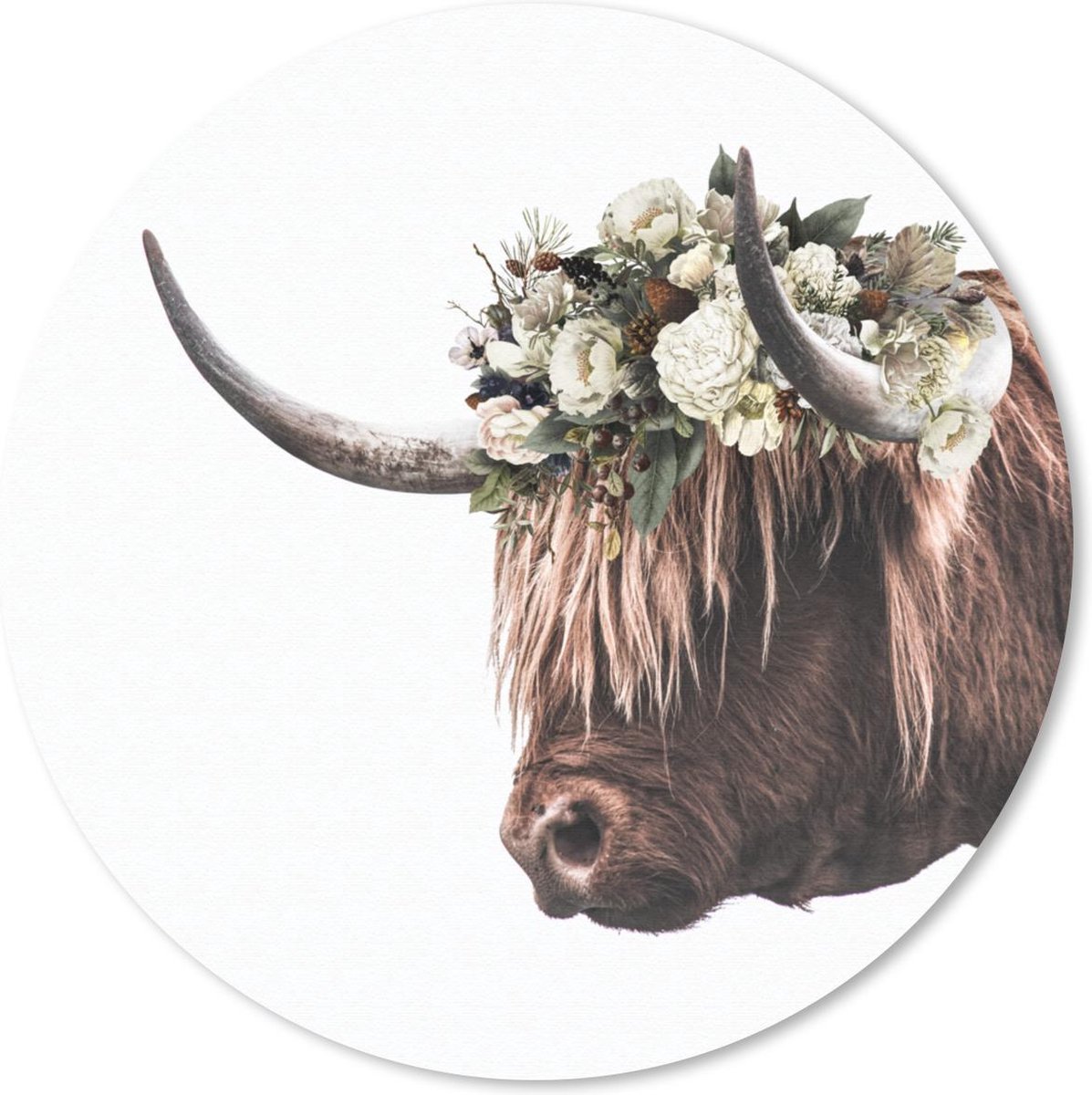 Muismat rond 50x50 cm - Mousepad Schotse Hooglander - Bladeren - Hoorns - Ronde muismatten