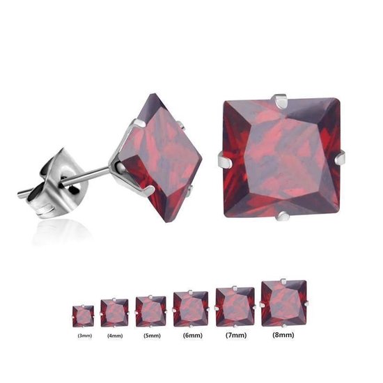 Aramat jewels ® - Oorstekers vierkant zirkonia staal rood 8mm