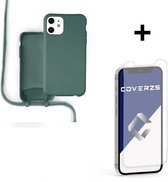 Coverzs Silicone case met koord - Telefoonhoesje met koord - Backcover hoesje met koord - touwtje - geschikt voor Apple iPhone 12 / 12 Pro - donkergroen + glazen Screen Protector