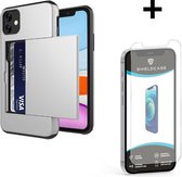 ShieldCase Kaarthouder case met slide geschikt voor Apple iPhone 12 / 12 Pro - 6.1 inch - zilver + glazen Screen Protector