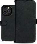 Zwarte lederen book case voor iPhone 13 Pro Max met pasjeshouder, gesloten en open.