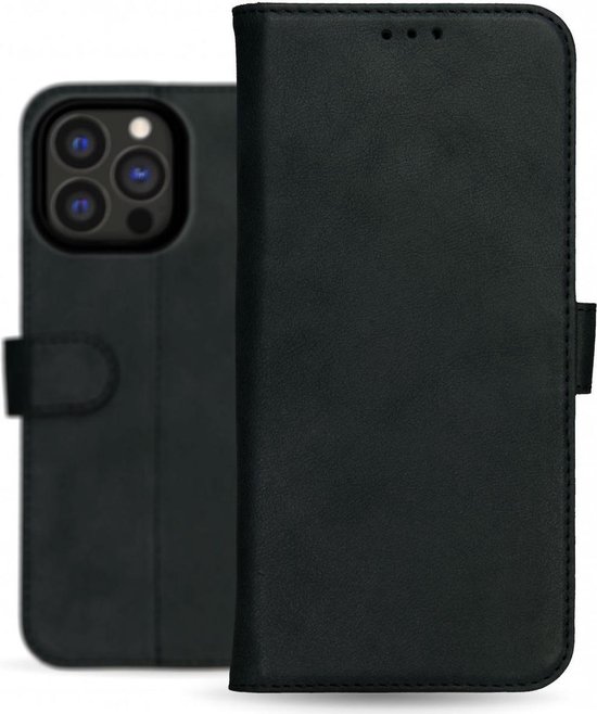 Zwarte lederen book case voor iPhone 13 Pro Max met pasjeshouder, gesloten en open.
