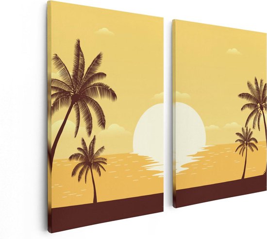 Artaza Canvas Schilderij Tweeluik Zonsondergang Met Palmbomen - Abstract - 80x60 - Foto Op Canvas - Canvas Print
