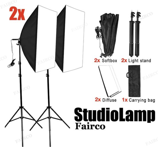 2X Studiolamp - Foto Studio Verlichting Kit, 2X Achtergrond Support System Softbox Paraplu tripod Stand - fotolamp fotografie softbox Statief 210Cm van HiCHiCO