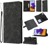 Voor Samsung Galaxy A22 5G Huid Voelen Reliëf Zonnebloem Horizontale Flip Lederen Case met Houder & Kaartsleuven & Portemonnee & Lanyard (Zwart)