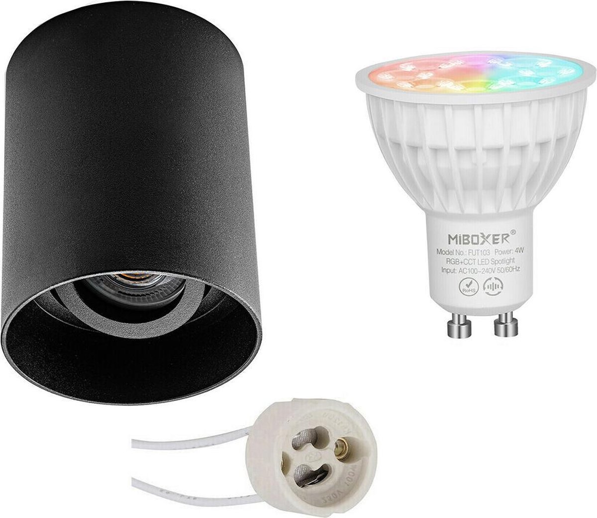 Mi-Light MiBoxer - Opbouwspot Set GU10 - Smart LED - Wifi LED - Slimme LED - 4W - RGB+CCT - Aanpasbare Kleur - Dimbaar - Proma Luxina Pro - Opbouw Rond - Mat Zwart - Verdiept - Kantelbaar - Ø90mm