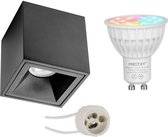Mi-Light MiBoxer - Opbouwspot Set GU10 - Smart LED - Wifi LED - Slimme LED - 4W - RGB+CCT - Aanpasbare Kleur - Dimbaar - Pragmi Cliron Pro - Opbouw Vierkant - Mat Zwart - Verdiept - 90mm - BE