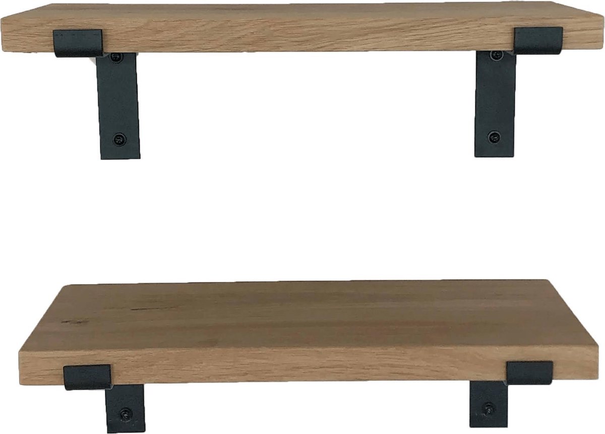 GoudmetHout Prijstopper - Set Eiken Wandplanken - Industrieel Wandrek - 50x20 cm - Industriële Plankdragers L-vorm - Staal - Zonder Coating
