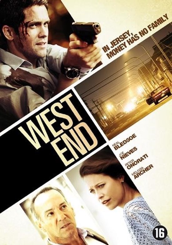Filmposter van West End met een man met een pistool, een nachtelijk straatzicht en de castleden.