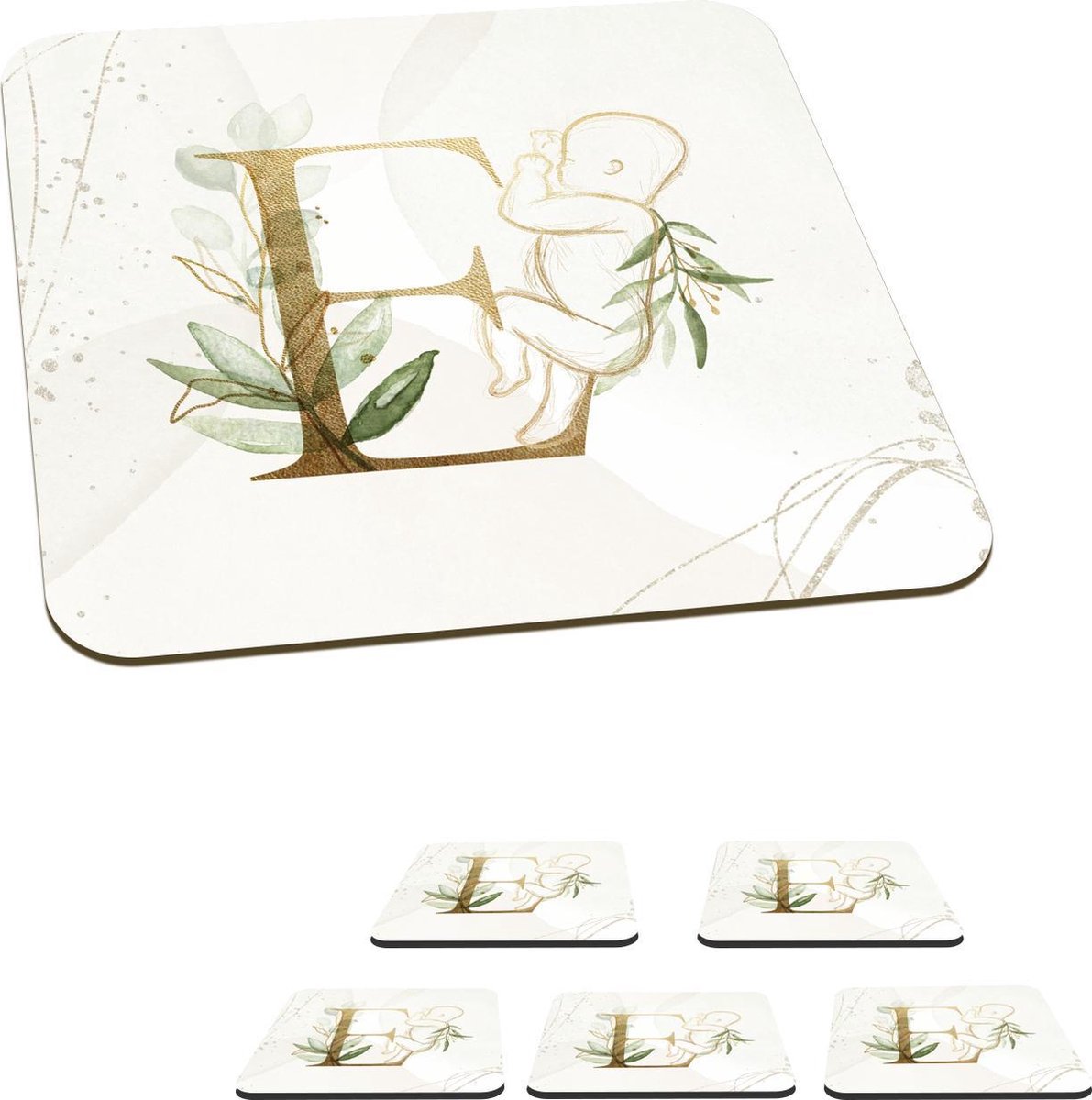 Onderzetters voor glazen - Letters - E - Baby - Bladeren - 10x10 cm - Glasonderzetters - 6 stuks