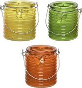 Set van 3x stuks citronella anti muggen kaarsen windlicht geel, groen en oranje 20 branduren