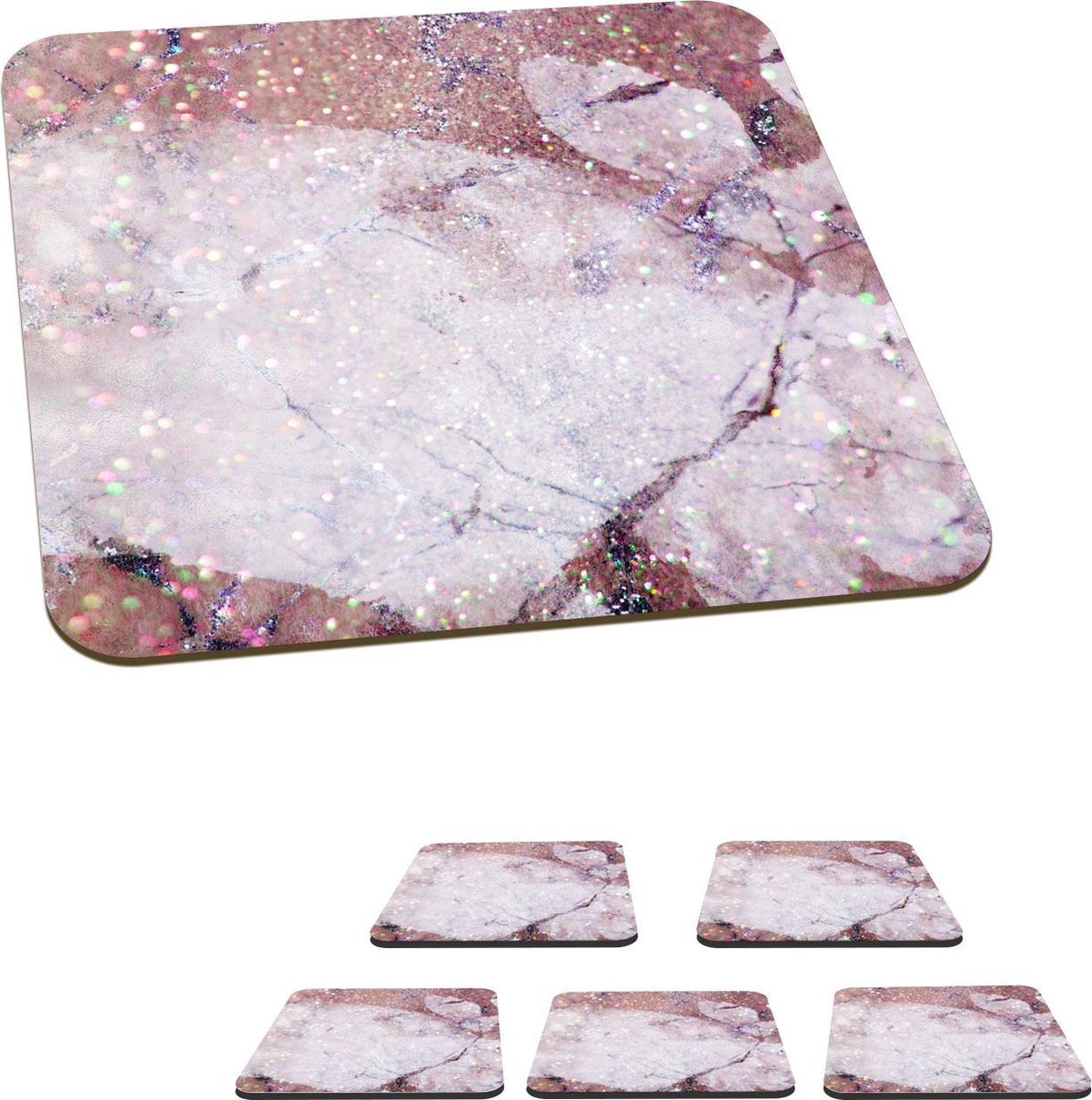 Onderzetters voor glazen - Marmer - Roze - Wit - 10x10 cm - Glasonderzetters - 6 stuks