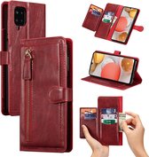 Premium vintage portemonnee hoesje met ritssluiting flip-cover hoes met kaarthoudersleuven Geschikt voor: Samsung Galaxy A42 5G - rood