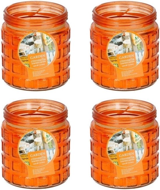 5x stuks citronella kaarsen tegen insecten in glazen pot 12 cm oranje- Anti-muggen/insecten