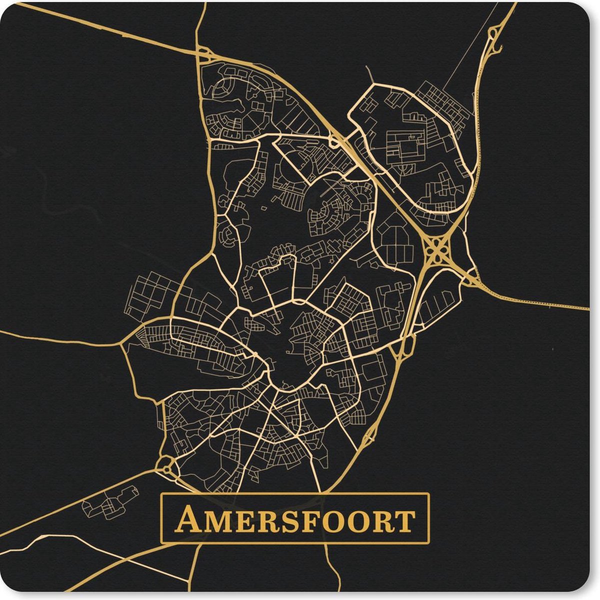 Muismat 30x30 cm - Mousepad Kaart - Amersfoort - Zwart - Goud - Muismatten