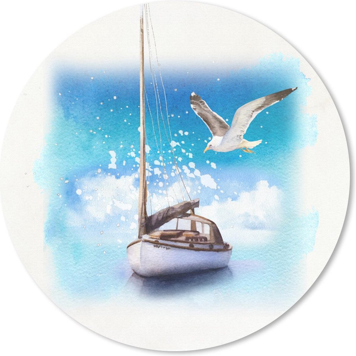 Muismat rond 20x20 cm - Mousepad Boot - Vogel - Zee - Waterverf - Ronde muismatten