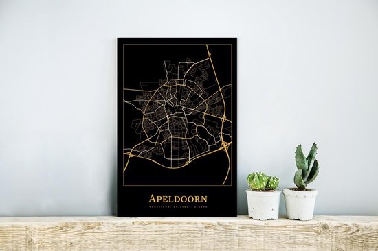 Décoration murale Métal - Aluminium - Carte - Apeldoorn - Zwart - Or - 20x30 cm