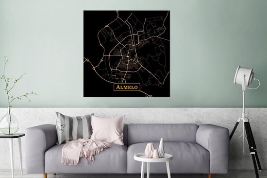 Décoration murale Métal - Aluminium - Carte - Almelo - Zwart - Or - 90x90 cm