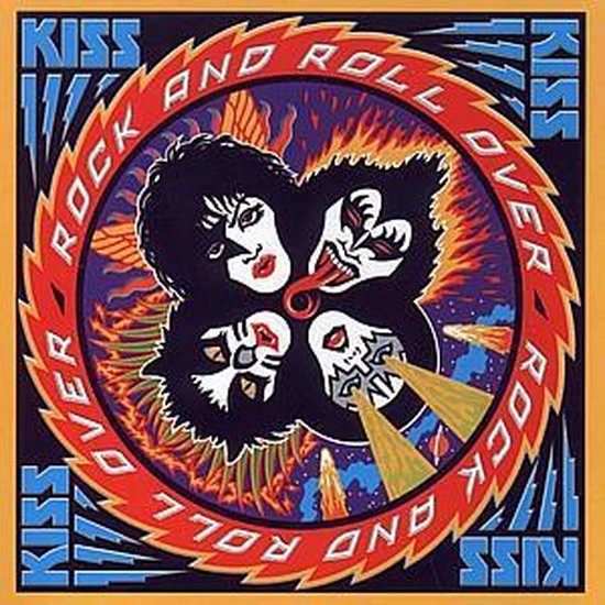 Kiss Rock And Roll Over albumhoes met de vier bandleden in een cirkel.