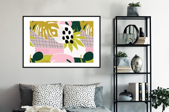 Fotolijst incl. Poster - Tropische planten - Roze - Geel - Patroon - 120x80 cm - Posterlijst