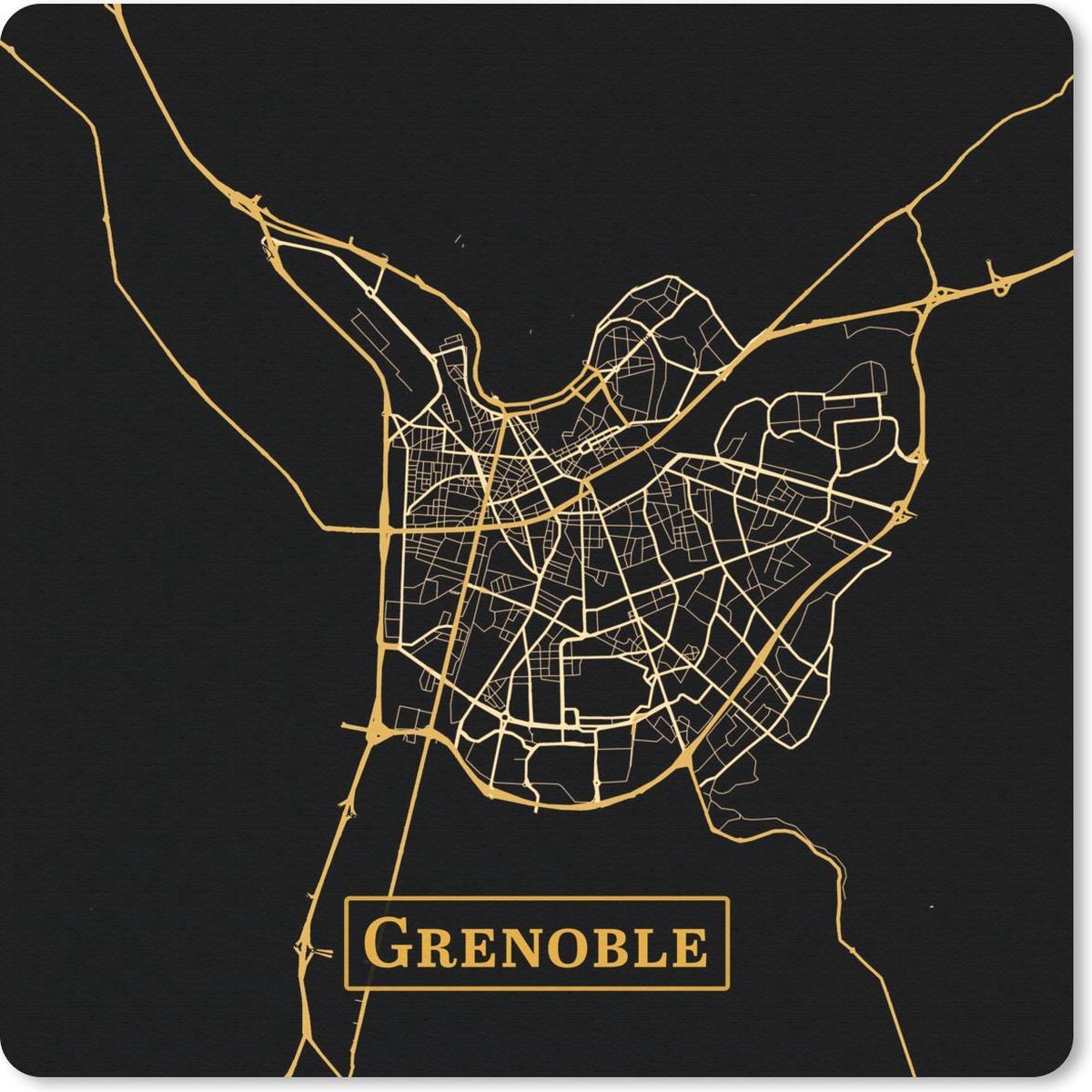 Muismat 30x30 cm - Mousepad Kaart - Grenoble - Zwart - Goud - Muismatten