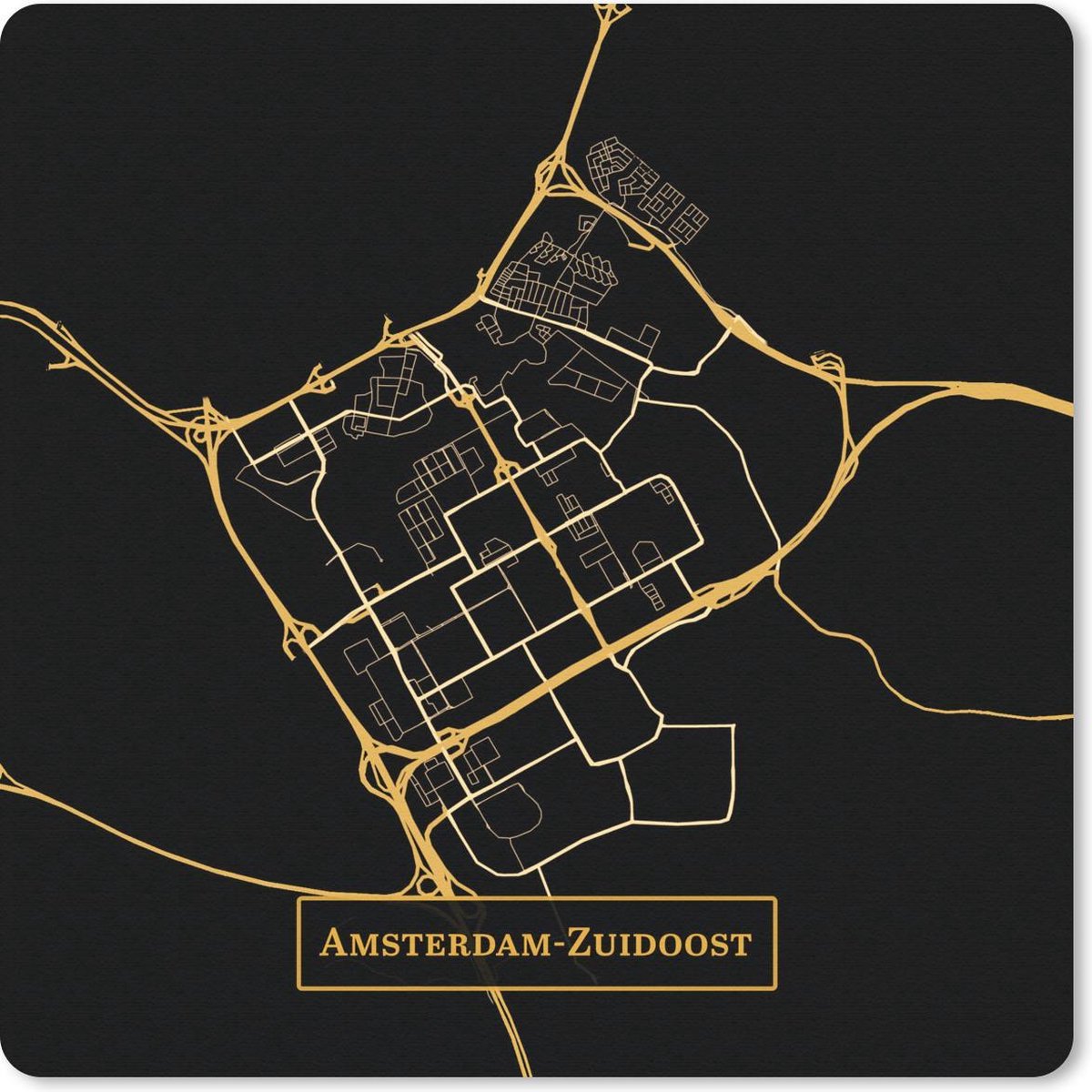 Muismat 20x20 cm - Mousepad Kaart - Amsterdam-Zuidoost - Goud - Zwart - Muismatten