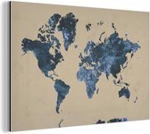 Wanddecoratie Metaal - Aluminium Schilderij Industrieel - Wereldkaart - Blauw - Vintage - 120x80 cm - Dibond - Foto op aluminium - Industriële muurdecoratie - Voor de woonkamer/slaapkamer