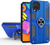 Voor Samsung Galaxy F62 koolstofvezelpatroon pc + TPU-beschermhoes met ringhouder (donkerblauw)