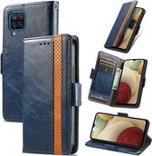 Voor Samsung Galaxy A12 Case Neo Business Splicing Dual Magnetische Gesp Horizontale Flip PU Lederen Case met Houder & Kaartsleuven & Portemonnee (Blauw)