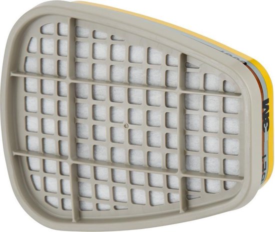 Gedetailleerd aanzicht van een ABE1 3M gasfilter met beige plastic omhulsel, grijs rooster en witte filters.