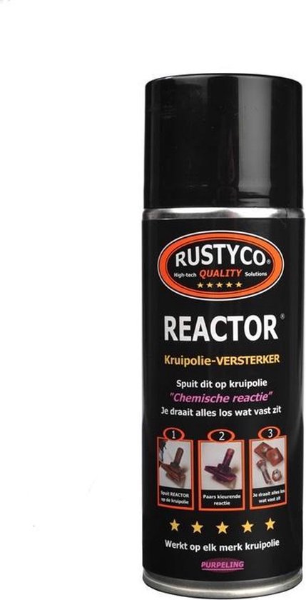 Zwarte spuitbus Rustyco REACTOR, kruipolie-versterker met driedelige instructies.