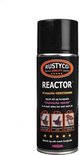 Zwarte spuitbus Rustyco REACTOR, kruipolie-versterker met driedelige instructies.