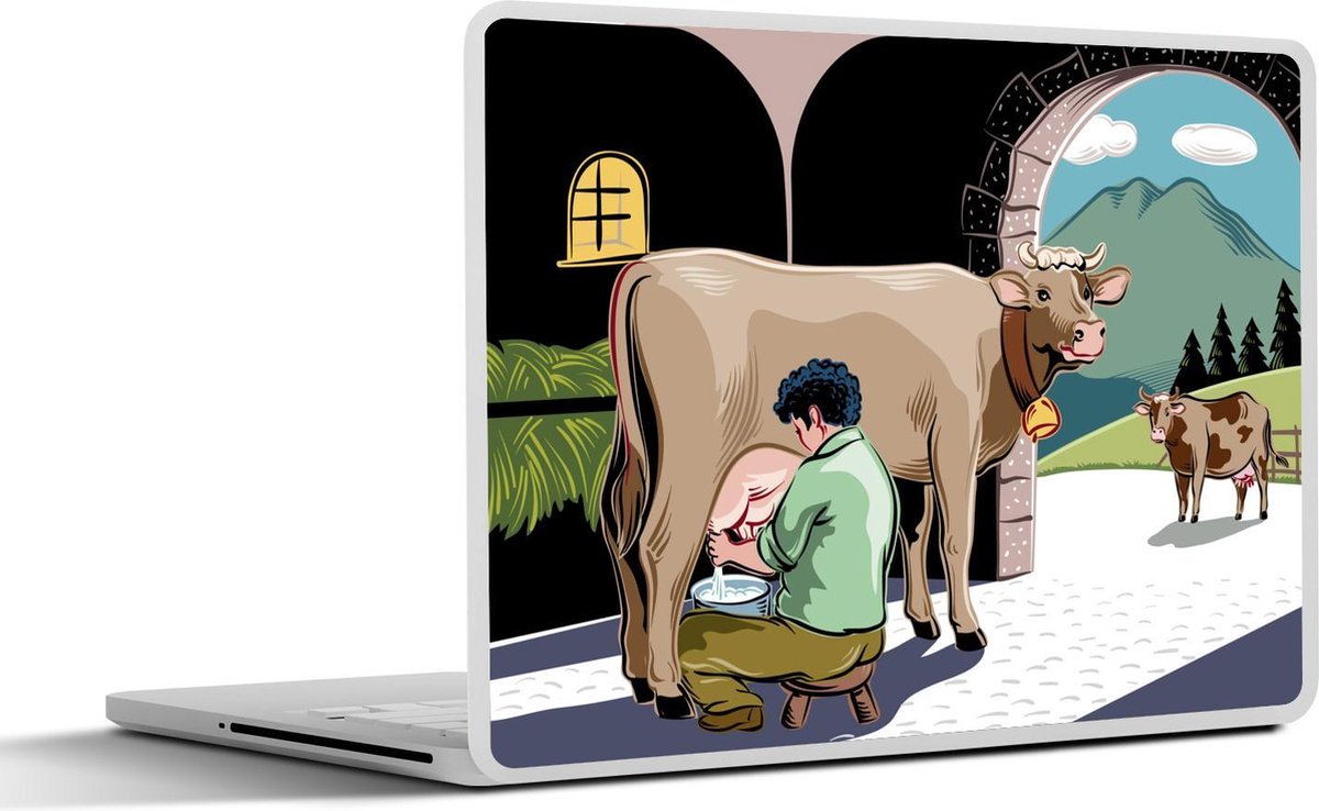 Afbeelding van product SleevesAndCases  Laptop sticker - 17.3 inch - tekening van een boer die een Alpen koe in de stal melkt