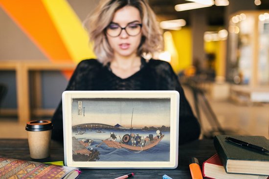 Sticker pour ordinateur portable - 11,6 pouces - Coucher de soleil sur le pont Ryogoku depuis la rive d'Onmaya - Peinture de Katsushika Hokusai - 30x21cm - Autocollants pour ordinateur portable - Skin pour ordinateur portable - Housse