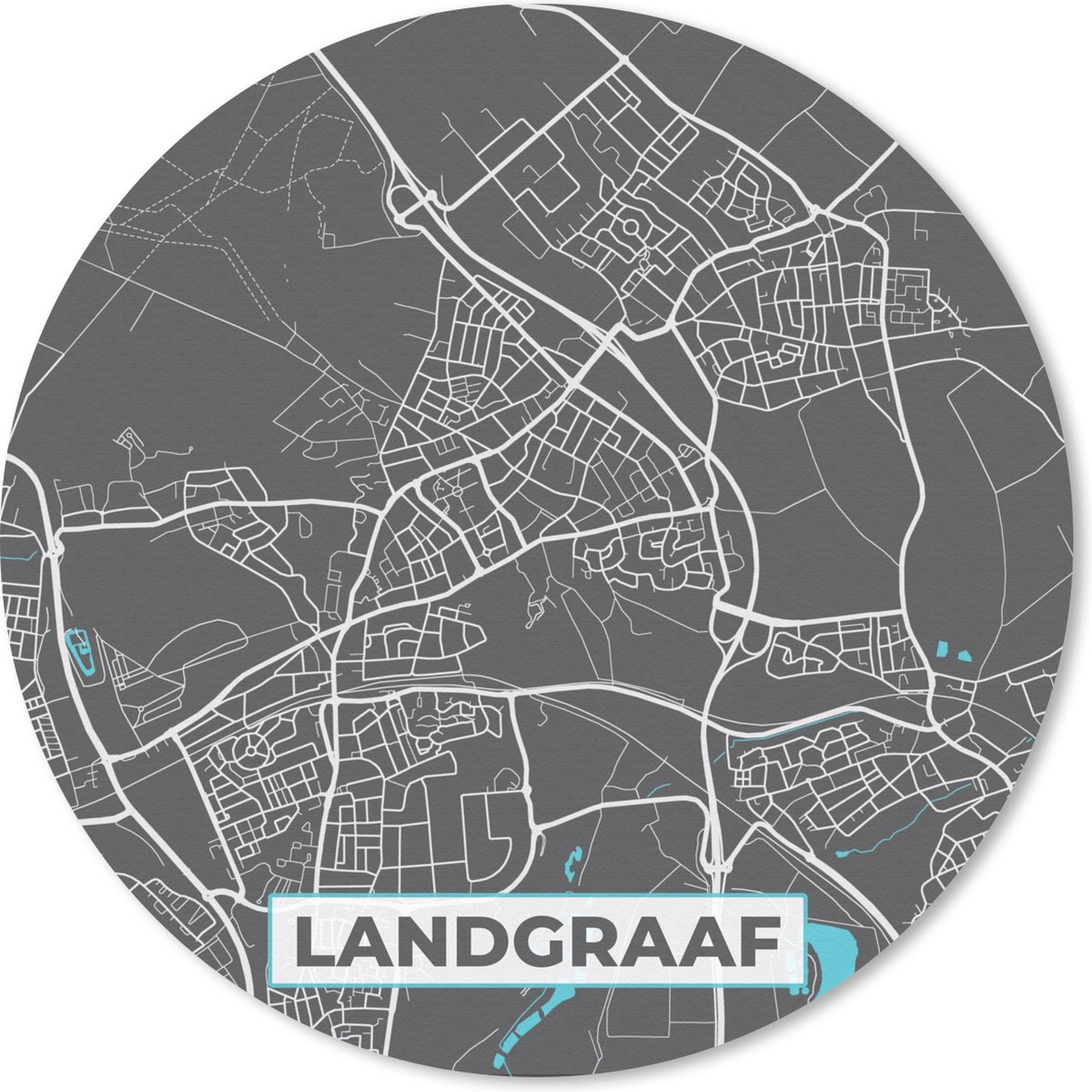 Muismat rond 20x20 cm - Mousepad Plattegrond - Landgraaf - Grijs - Blauw - Ronde muismatten - Stadskaart
